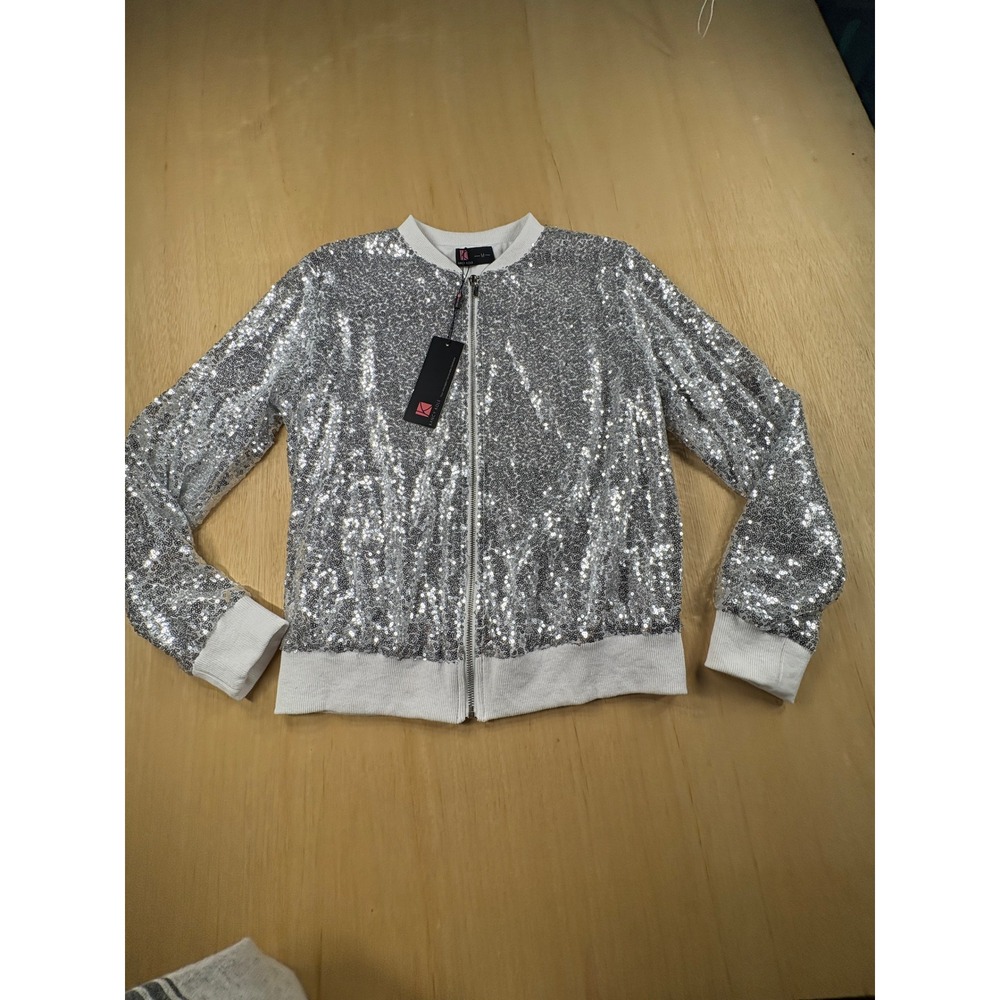 Knock Out Silver Sequin Bomber Jacket White Ribbed Trim Zip Up NWT Medium